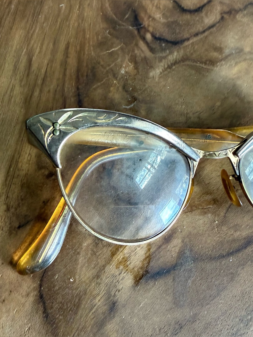 Vintage 12K Gold Fill Cat Eye Eyeglasses Etched Detail 1950s - Picture 2 of 11
